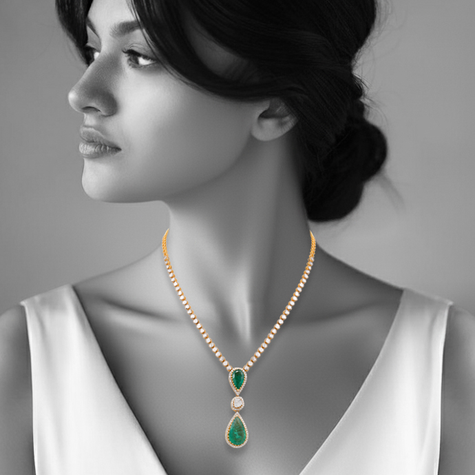 Claw-Set Emerald and Diamond Pendant Necklace